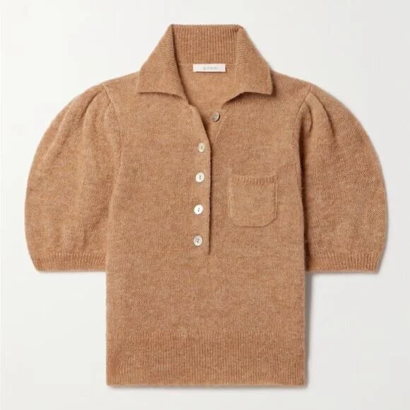 Doen Mila Alpaca Wool Button Collar Puff Short Sleeve Knit Sweater Top Hazelnut - Picture 11 of 14